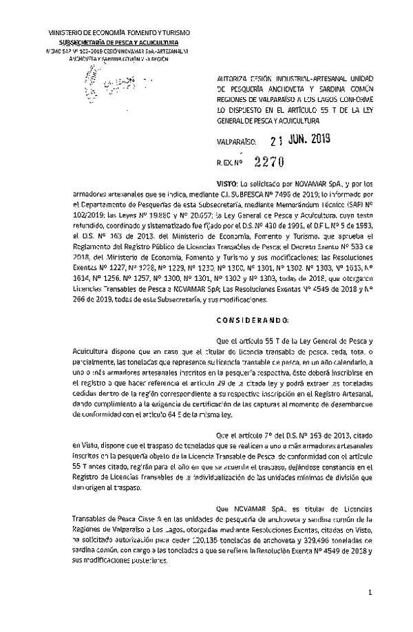 Res. Ex. N° 2270-2019 Autoriza cesión pesquería Anchoveta y Sardina común, Regiones de Valparaíso a Los Lagos.