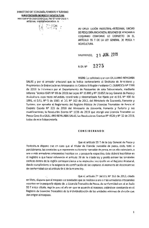 Res. Ex. N° 2275-2019 Autoriza cesión pesquería Anchoveta, Regiones de Atacama a Coquimbo.