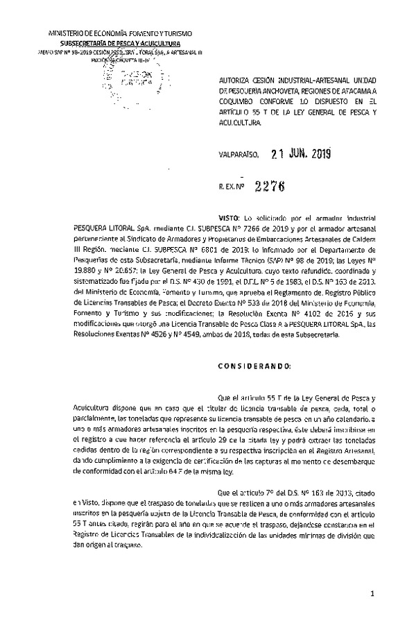 Res. Ex. N° 2276-2019 Autoriza cesión pesquería Anchoveta, Regiones de Atacama a Coquimbo.