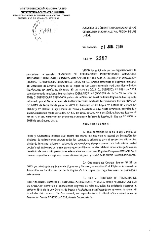 Res. Ex. N° 2287-2019 Autoriza cesión sardina austral Región de Los Lagos.