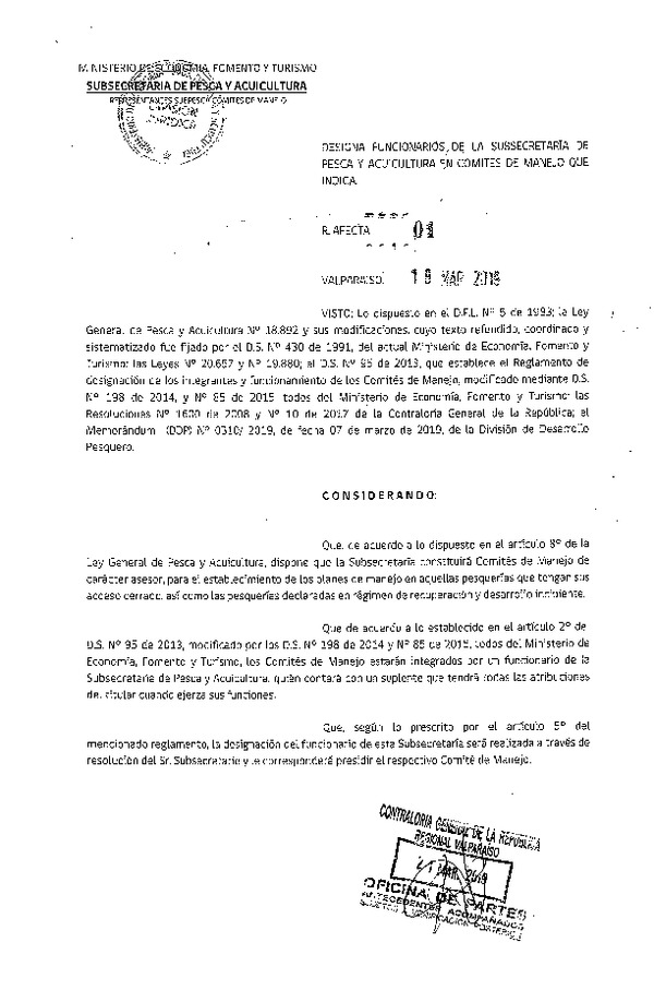 Res. Afecta N° 01-2019 designa funcionarios de la Subsecretaría de Pesca y Acuicultura en Comités de Manejo que Indica.