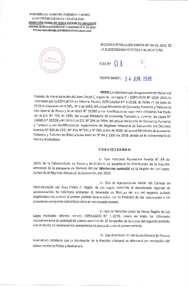 Res. Ex. N° 01-2019 (DZP Región de Los Lagos) Modifica Res. Ex. N° 4-2019 Distribución de la Fracción Artesanal de Pesquería de Merluza del Sur por Área, Región de Los Lagos, año 2019. (Publicado en Página Web 25-06-2019)