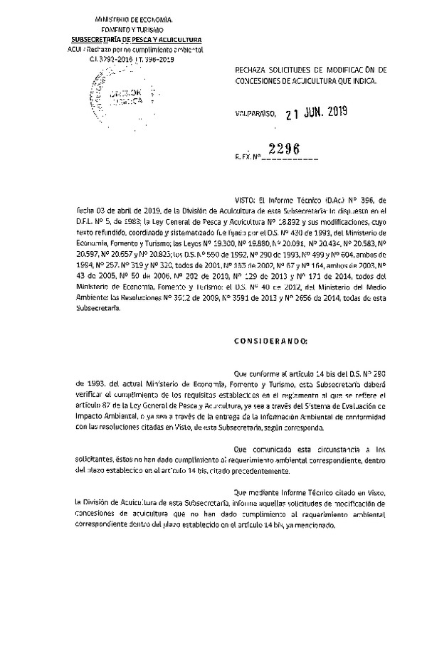 Res. Ex. N° 2296-2019 Rechaza solicitudes de modificación de concesiones de acuicultura que indica.