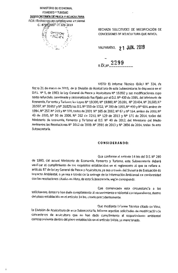 Res. Ex. N° 2299-2019 Rechaza solicitudes de modificación de concesiones de acuicultura que indica.