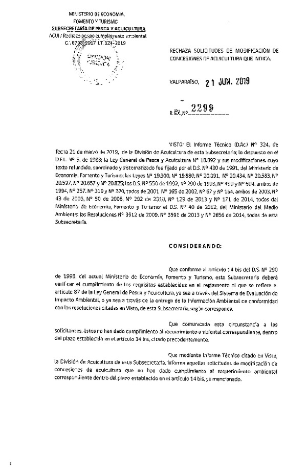 Res. Ex. N° 2299-2019 Rechaza solicitudes de modificación de concesiones de acuicultura que indica.