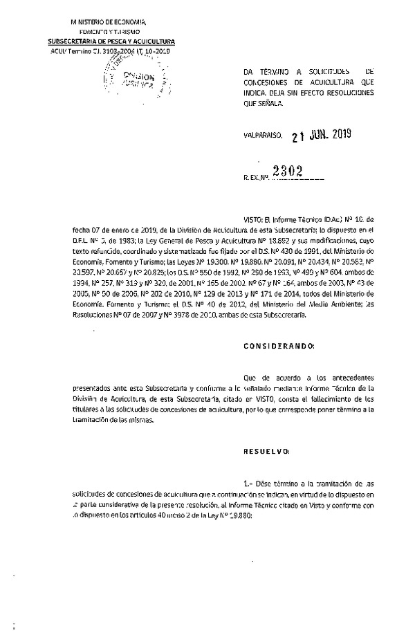 Res. Ex. N° 2302-2019 Da termino a solicitudes de concesiones de acuicultura que indica.