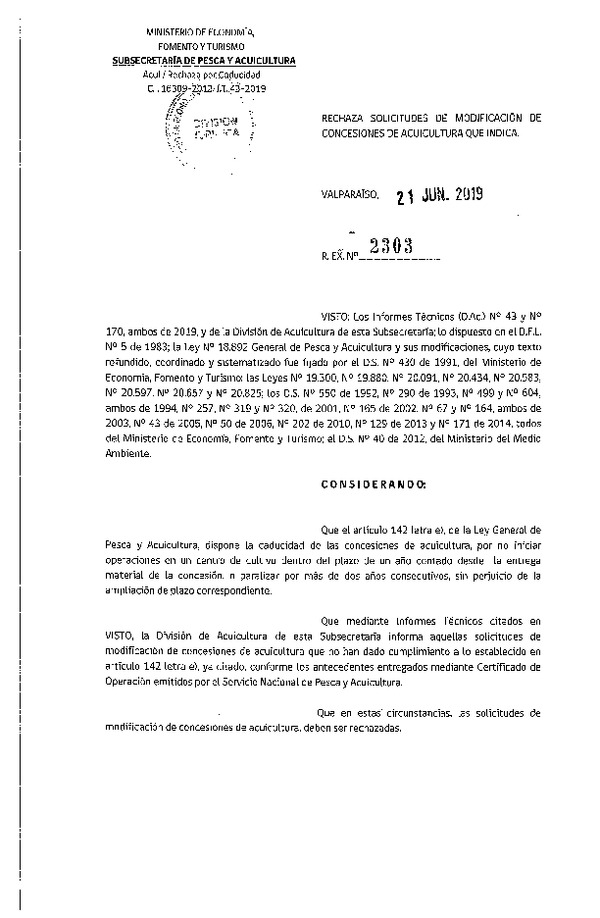 Res. Ex. N° 2303-2019 Rechaza solicitudes de modificación de concesiones de acuicultura que indica.