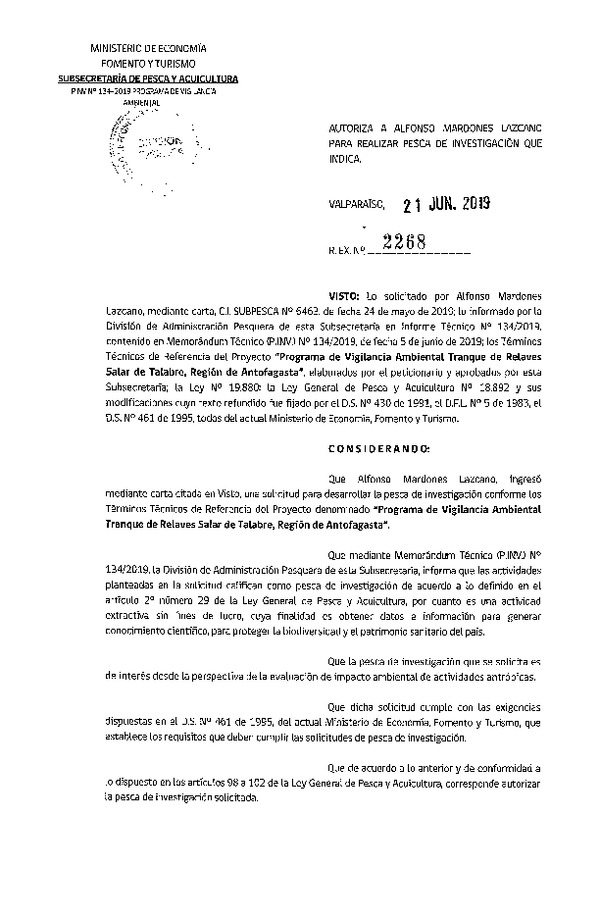 Res. Ex. N° 2268-2019 Programa de vigilancia ambiental.