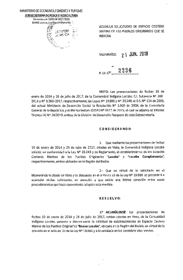 Res. Ex. N° 2236-2019 Acumula solicitudes de ECMPO Locobe y Locobe Complemento.