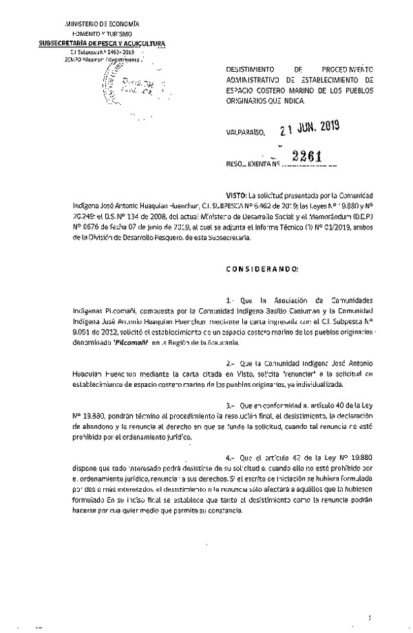 Res. Ex. N° 2261-2019 Desistimiento de procedimiento administrativo de establecimiento de ECMPO Pilcomañi.