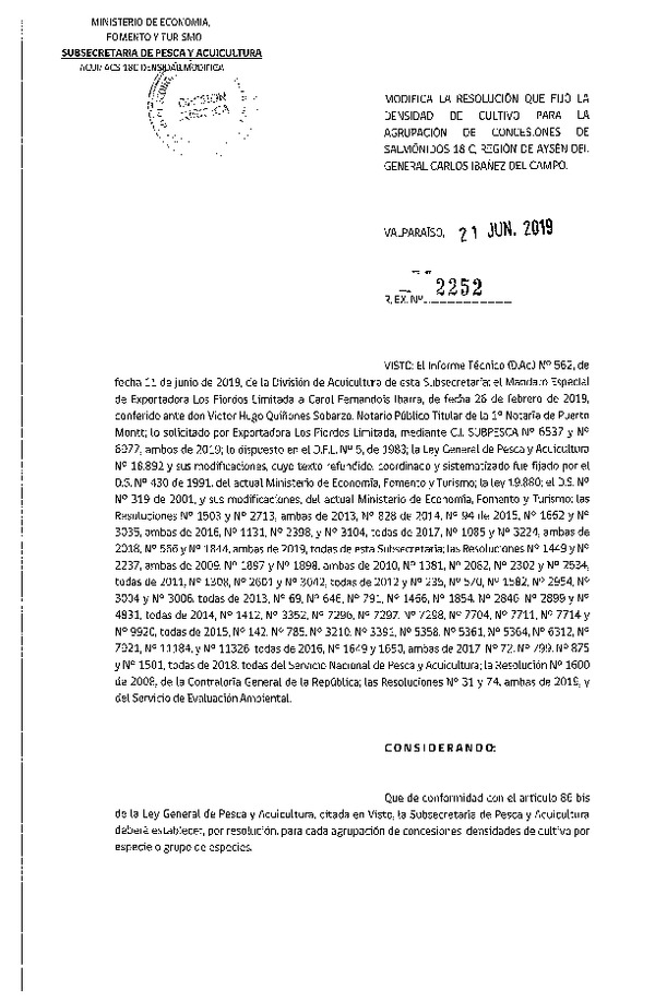 Res. Ex. N° 2252-2019 Modifica Res. Ex. N° 566-2019 Fija Densidad de Cultivo para la Agrupación de Concesiones de Salmónidos 18C Región de Aysén, (Con Informe Técnico) (Publicado en Página Web 26-06-2019) (F.D.O. 02-07-2019)