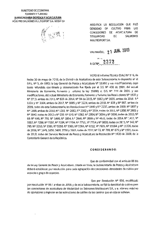 Res. Ex. N° 2272-2019 Modifica Res. Ex. N° 658-2019 Fija Densidad de Cultivo para las Concesiones de Titularidad. (Con Informe Técnico) (Publicado en Página Web 26-06-2019)