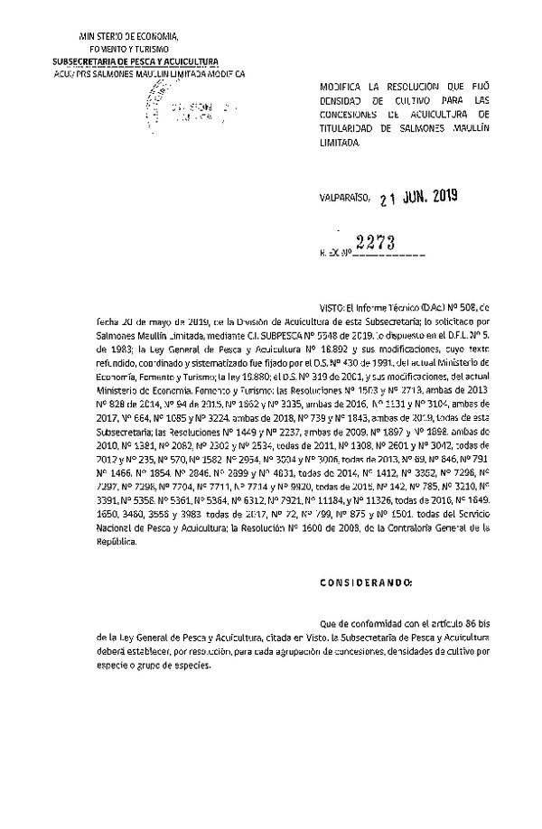 Res. Ex. N° 2273-2019 Modifica Res. Ex. N° 739-2019 Fija Densidad de Cultivo para las Concesiones de Acuicultura de Titularidad de Salmones Maullín Limitada(Con Informe Técnico) (Publicado en Página Web 26-06-2019)