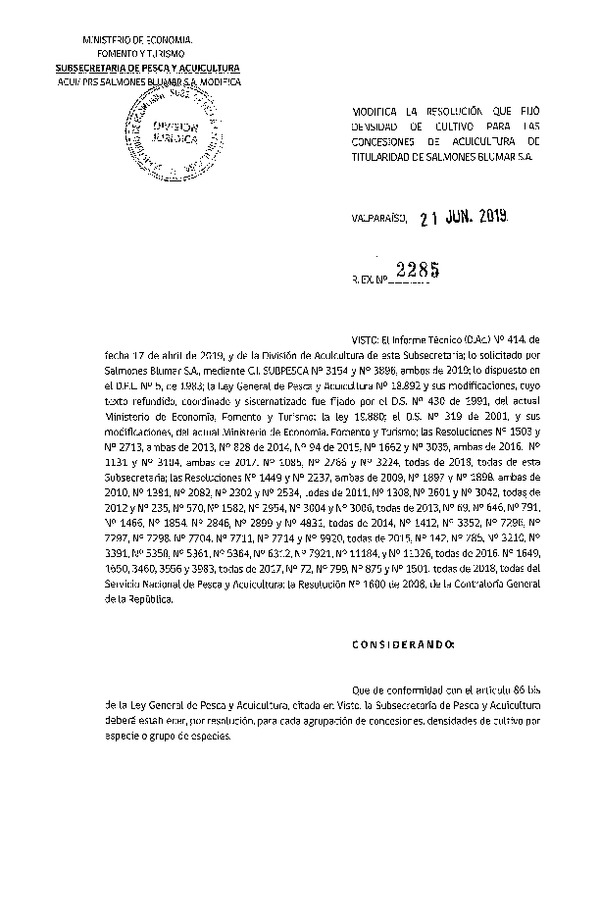 Res. Ex. N° 2285-2019 Modifica Res. Ex. N° 2766-2018 Fija Densidad de Cultivo para las Concesiones de Titularidad. (Con Informe Técnico) (Publicado en Página Web 26-06-2019)