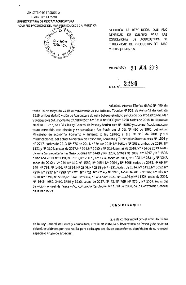 Res. Ex. N° 2286-2019 Modifica Res. Ex. N° 734-2019 Fija Densidad de Cultivo para las Concesiones de Productos del Mar Ventisqueros S.A.(Con Informe Técnico) (Publicado en Página Web 26-06-2019)