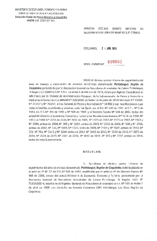 Res. Ex. N° 03-2019 (DZP Atacama y Coquimbo) 15° Seguimiento.