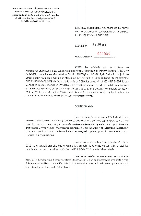 Res. Ex. N° 04-2019 (DZP Atacama y Coquimbo) Modifica Res. Ex. N° 183-2019 Establece distribución cuota recurso huiro negro, huiro palo y huiro flotador, Región de Atacama. (Publicado en Página Web 26-06-2019) (F.D.O. 10-07-2019)