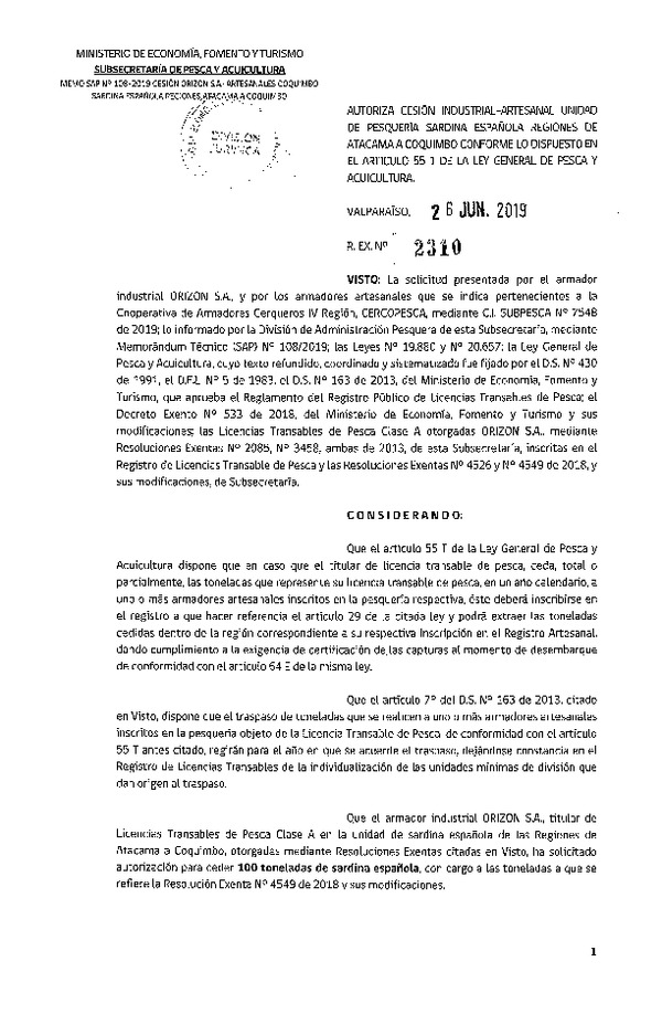 Res. Ex. N° 2310-2019 Autoriza cesión pesquería Sardina Española, Regiones de Atacama a Coquimbo.
