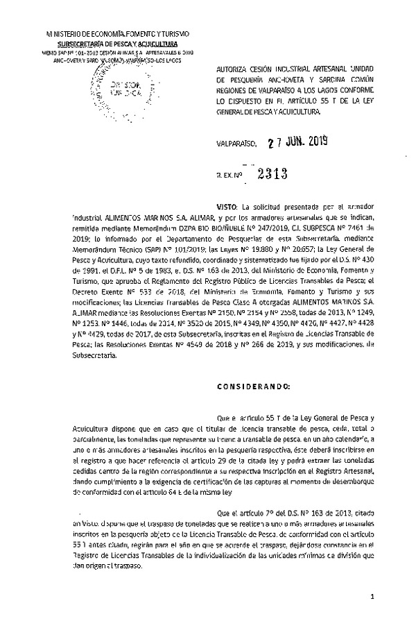 Res. Ex. N° 2313-2019 Autoriza cesión pesquería Anchoveta y Sardina común, Regiones de Valparaíso a Los Lagos.