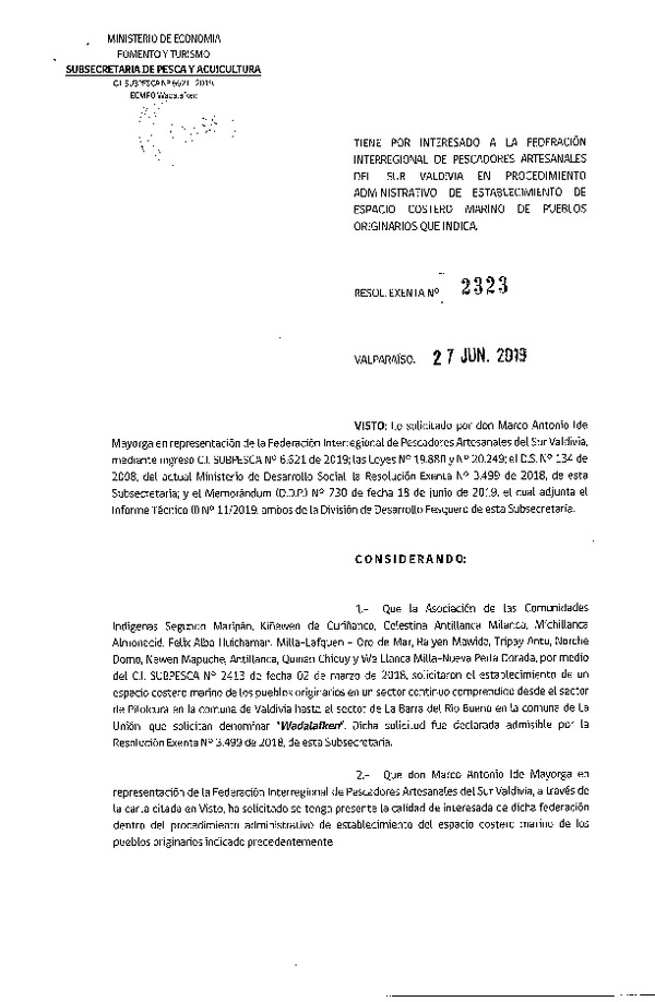 Res. Ex. N° 2323-2019 Desistimiento parcial de solicitud de establecimiento de ECMPO. (Publicado en Página Web 27-06-2019)