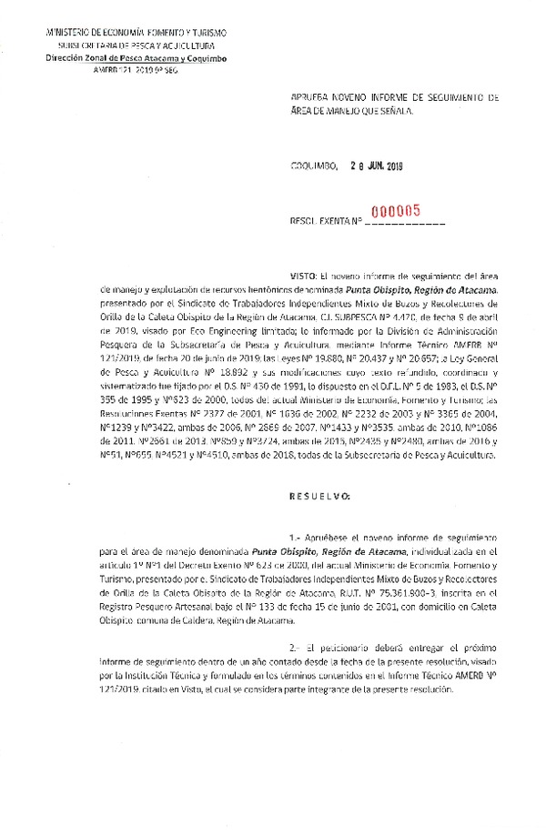 Res. Ex. N° 05-2019 (DZP de Atacama y Coquimbo) 9° Seguimiento.