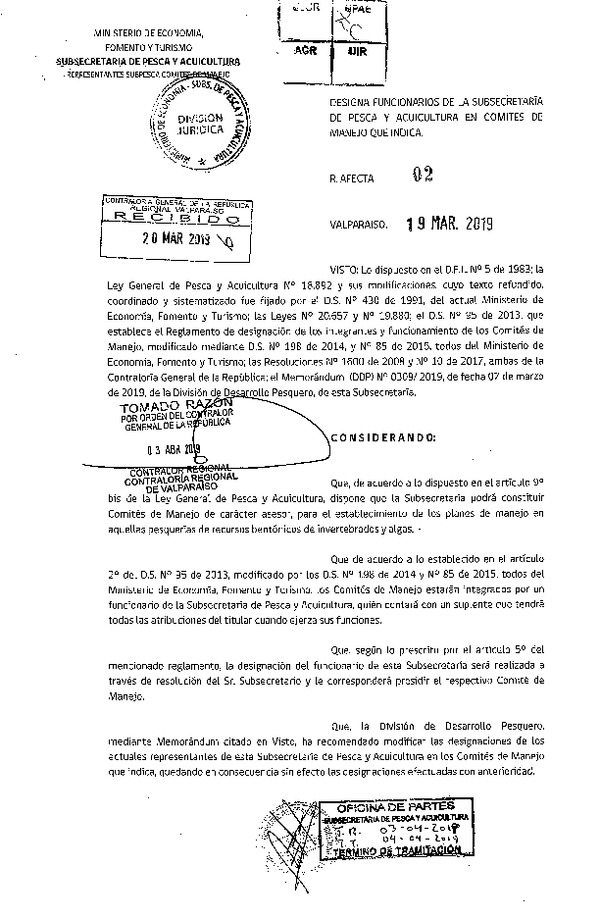 Res. Afecta N° 02-2019 Designa Funcionarios de la Subsecretaría de Pesca y Acuicultura en Comités de Manejo que Indica.