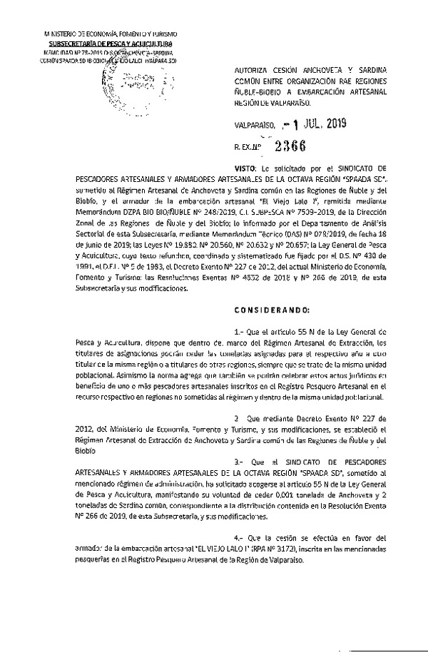 Res. Ex. N° 2366-2019 Autoriza cesión anchoveta y sardina común Región de Ñuble-Biobío a Región de Los Lagos.
