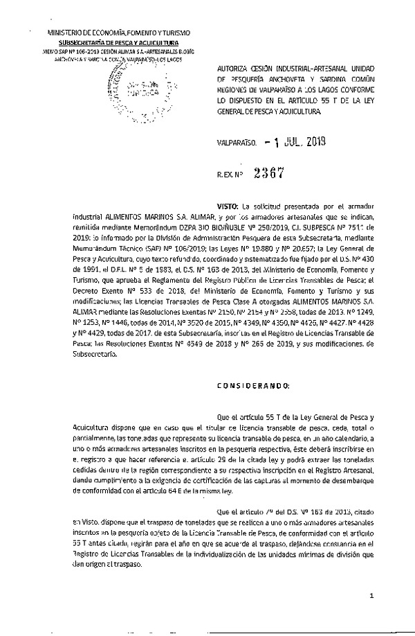 Res. Ex. N° 2367-2019 Autoriza cesión pesquería Anchoveta y Sardina común, Regiones de Valparaíso a Los Lagos.