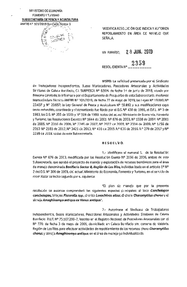 Res. Ex. N° 2359-2019 Autoriza repoblamiento.