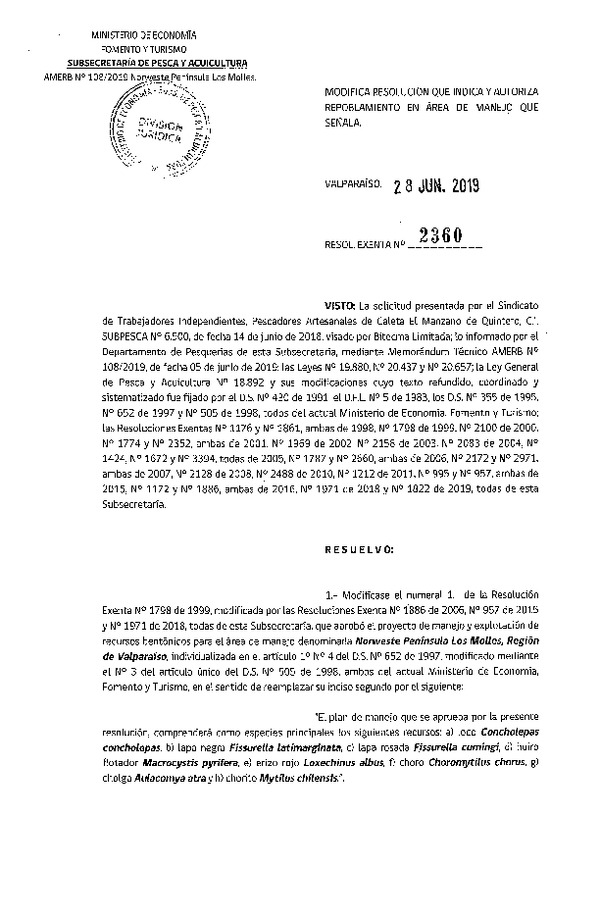 Res. Ex. N° 2360-2019 Autoriza Repoblamiento.