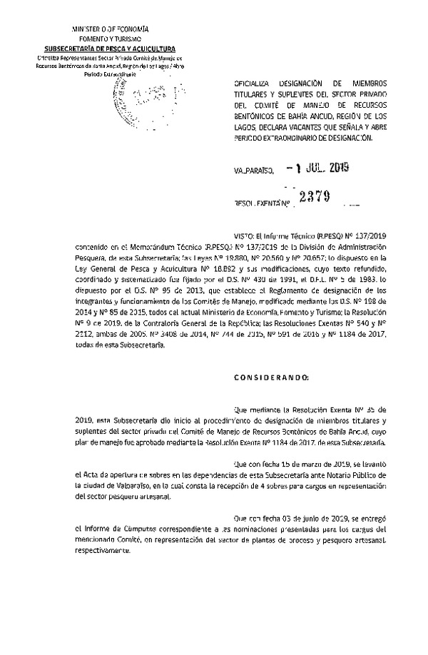 Res. Ex. N° 2379-2019 Oficializa Designación de Miembros Titulares y Suplentes del Sector Privado del Comité de Manejo Recursos Bentónicos de Bahía Ancud, Región de Los Lagos. (Publicado en Página Web 03-07-2019) (F.D.O. 09-07-2019)