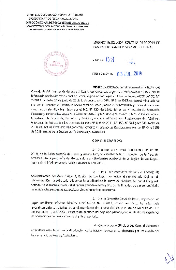 Res. Ex. N° 03-2019 (DZP Los Lagos) Modifica Res. Ex. N° 4-2019 Distribución de la Fracción Artesanal de Pesquería de Merluza del Sur por Área, Región de Los Lagos, año 2019. (Publicado en Página Web 04-07-2019)