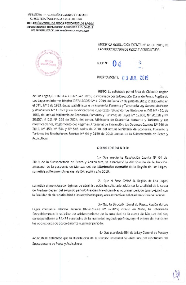 Res. Ex. N° 04-2019 (DZP Los Lagos) Modifica Res. Ex. N° 4-2019 Distribución de la Fracción Artesanal de Pesquería de Merluza del Sur por Área, Región de Los Lagos, año 2019. (Publicado en Página Web 04-07-2019)