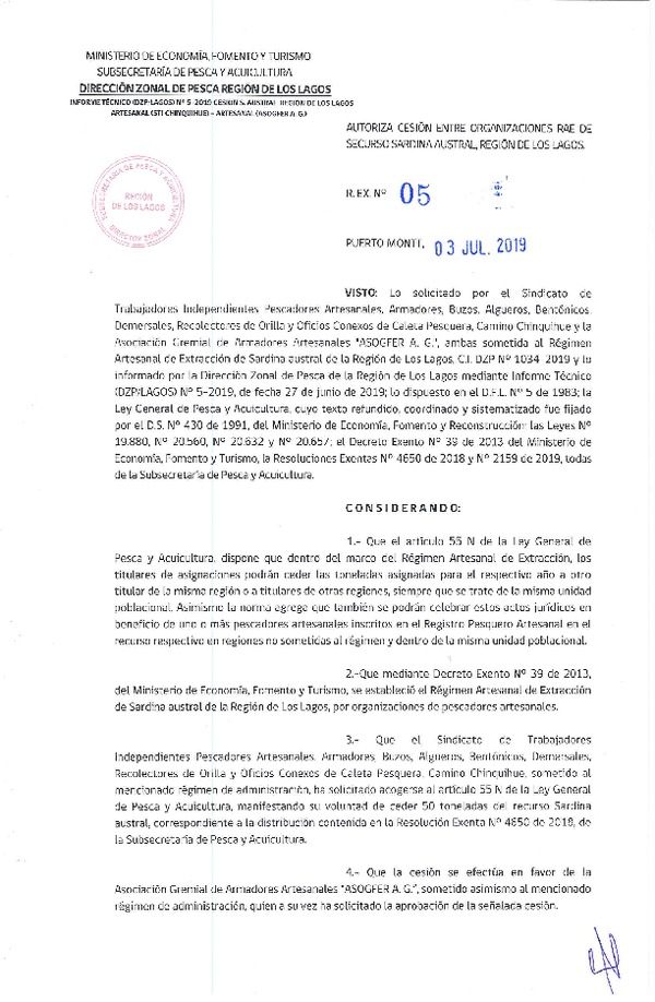Res. Ex. N° 05-2019 (DZP Los Lagos) Autoriza cesión sardina austral Región de Los Lagos.
