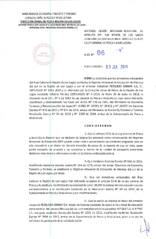 Res. Ex. N° 06-2019 (DZP Los Lagos) Autoriza cesión merluza del sur, Región de Los Lagos.