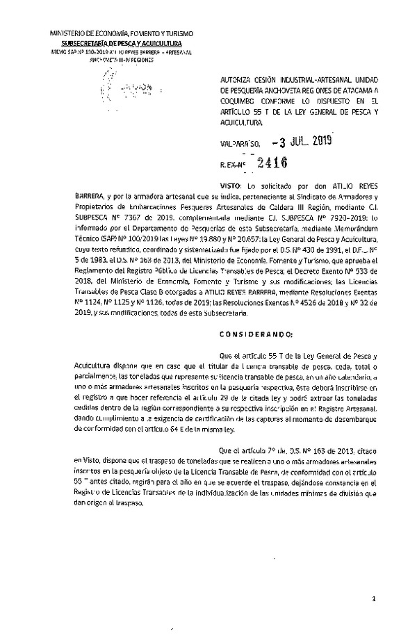 Res. Ex. N° 2416-2019 Autoriza cesión pesquería Anchoveta, Regiones de Atacama a Coquimbo.
