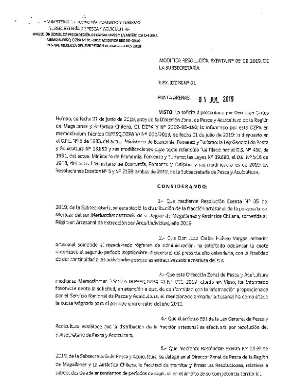 Res. Ex. N° 01-2019 (DZP Magallanes) Modifica Res. Ex. N° 5-2019 Distribución de la Fracción Artesanal de Pesquería de Merluza del Sur por Área e Individualmente, Región de Magallanes y la Antártica Chilena, año 2019. (Publicado en Página Web 04-07-2019)