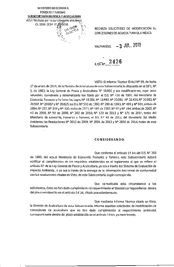Res. Ex. N° 2426-2019 Rechaza solicitudes de modificación de concesiones de acuicultura que indica.