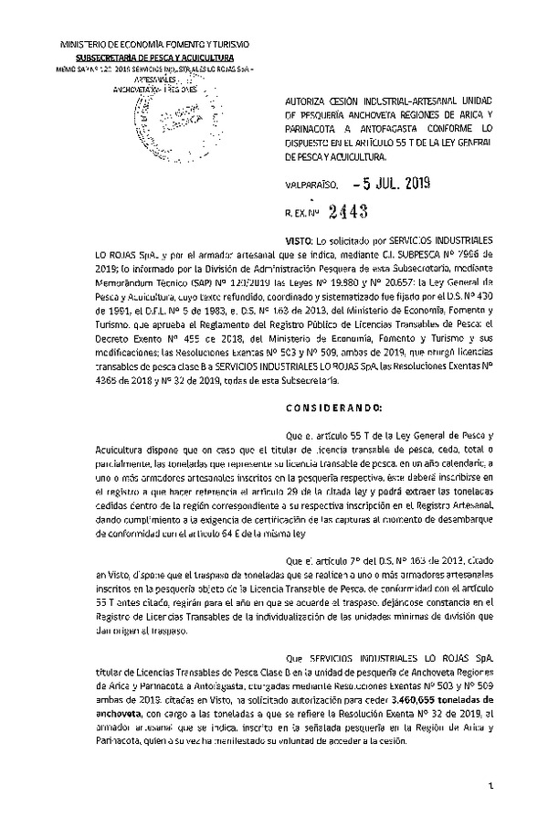 Res. Ex. N° 2443-2019 Autoriza cesión pesquería Anchoveta, Regiones de Arica y Parinacota a Antofagasta.