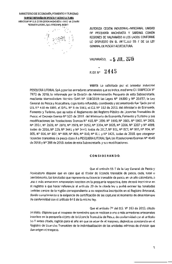 Res. Ex. N° 2445-2019 Autoriza cesión pesquería Anchoveta y Sardina común, Regiones de Valparaíso a Los Lagos.