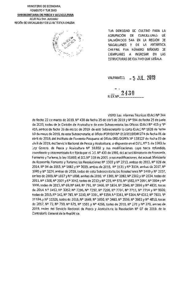 Res. Ex. N° 2430-2019 Fija Densidad de Cultivo para la Agrupación de Concesiones de Salmónidos 54A Región de Magallanes y de la Antártica Chilena, (Con Informe Técnico) (Publicado en Página Web 05-07-2019) (F.D.O. 12-07-2019)