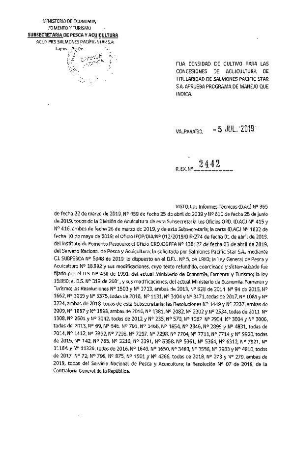 Res. Ex. N° 2442-2019 Fija Densidad de Cultivo para las Concesiones de Acuicultura de Titularidad de Salmones Pacific star S.A.(Con Informe Técnico) (Publicado en Página Web 05-07-2019)