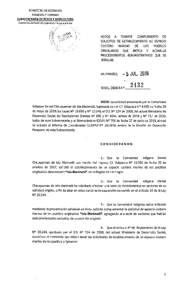 Res. Ex. N° 2432-2019 Acoge a trámite complemento de solicitud de establecimiento ECMPO Isla Marimelli, Región de Los Lagos.