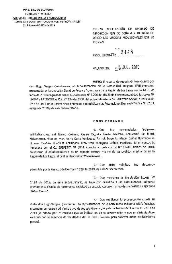 Res. Ex. N° 2448-2019 Ordena notificación de recurso de reposición que señala. ECMPO Rilon Kawin, Región de Los Lagos.