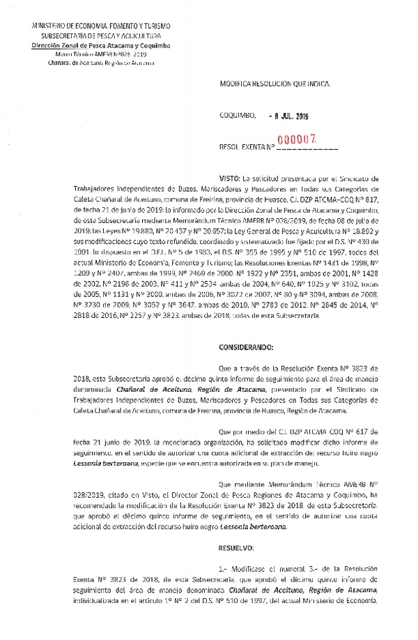 Res. Ex. N° 07-2019 Modifica Res. Ex. N° 3823-2018.