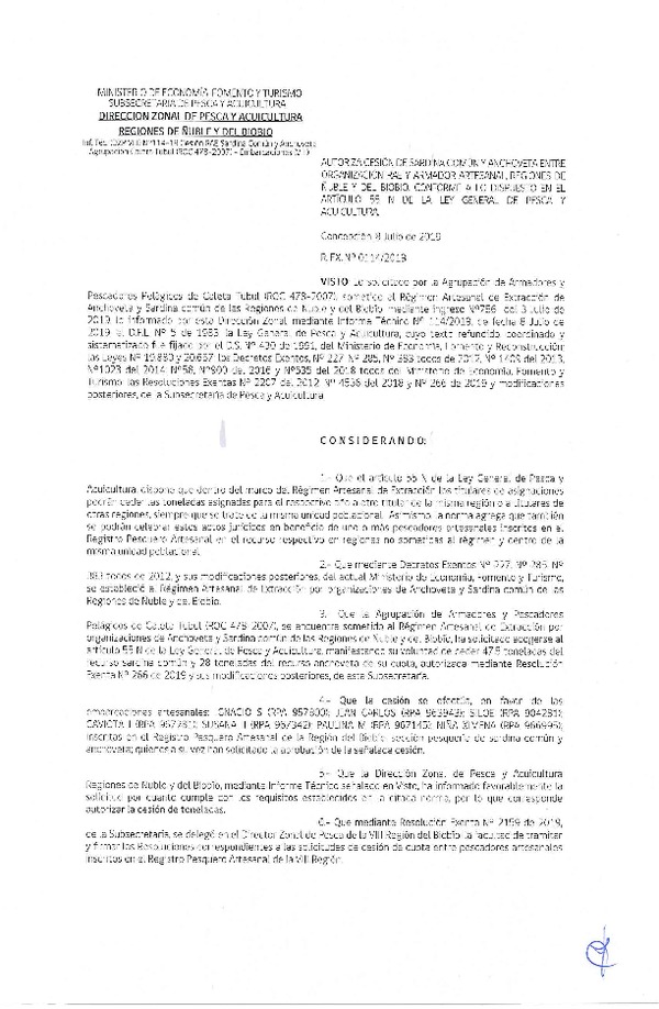 Res. Ex. N° 114-2019 (DZP VIII) Autoriza cesión Anchoveta y sardina común Regiones de Ñuble y del Biobío.