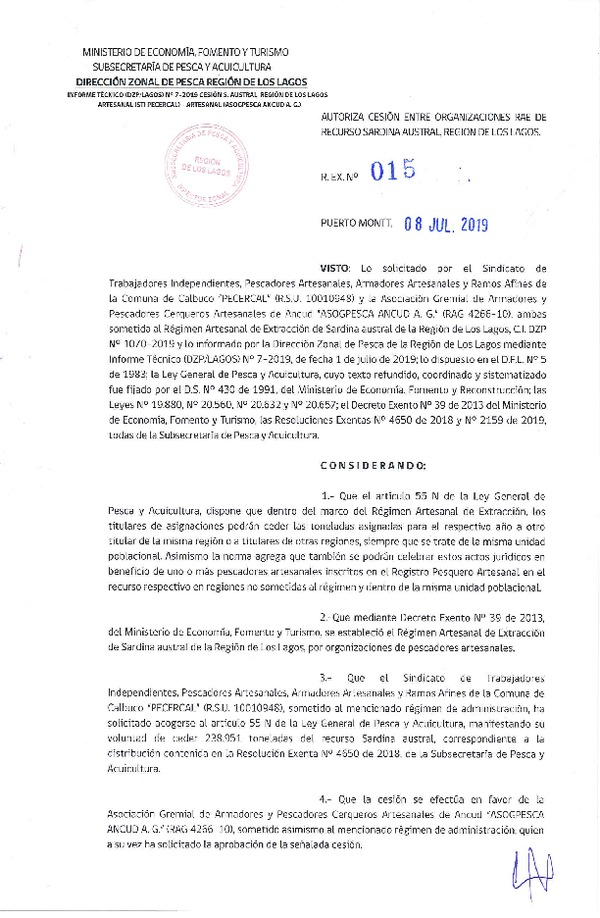 Res. Ex. N° 015-2019 (DZP Los Lagos) Autoriza cesión sardina austral Región de Los Lagos.