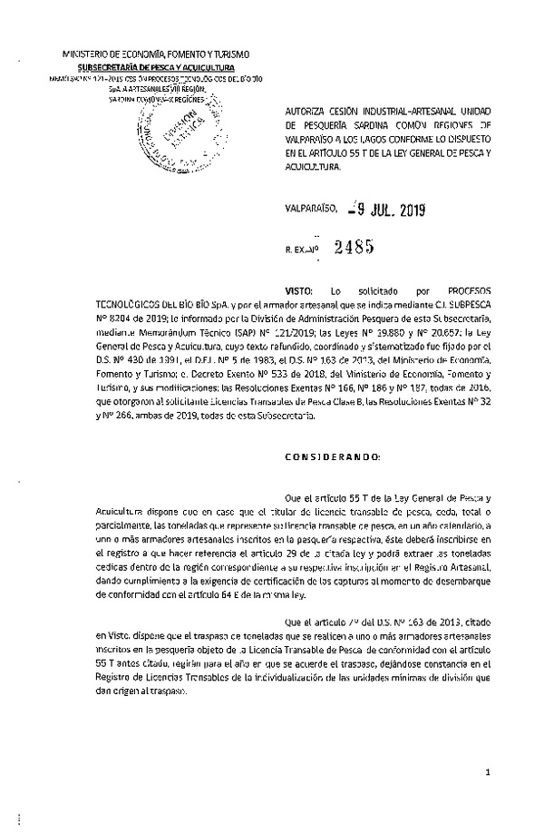 Res. Ex. N° 2485-2019 Autoriza cesión pesquería Sardina común, Regiones de Valparaíso a Los Lagos.
