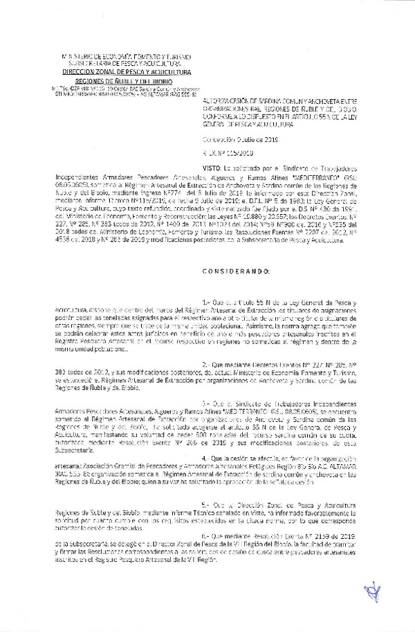 Res. Ex. N° 115-2019 (DZP VIII) Autoriza cesión Anchoveta y sardina común Regiones de Ñuble y del Biobío.