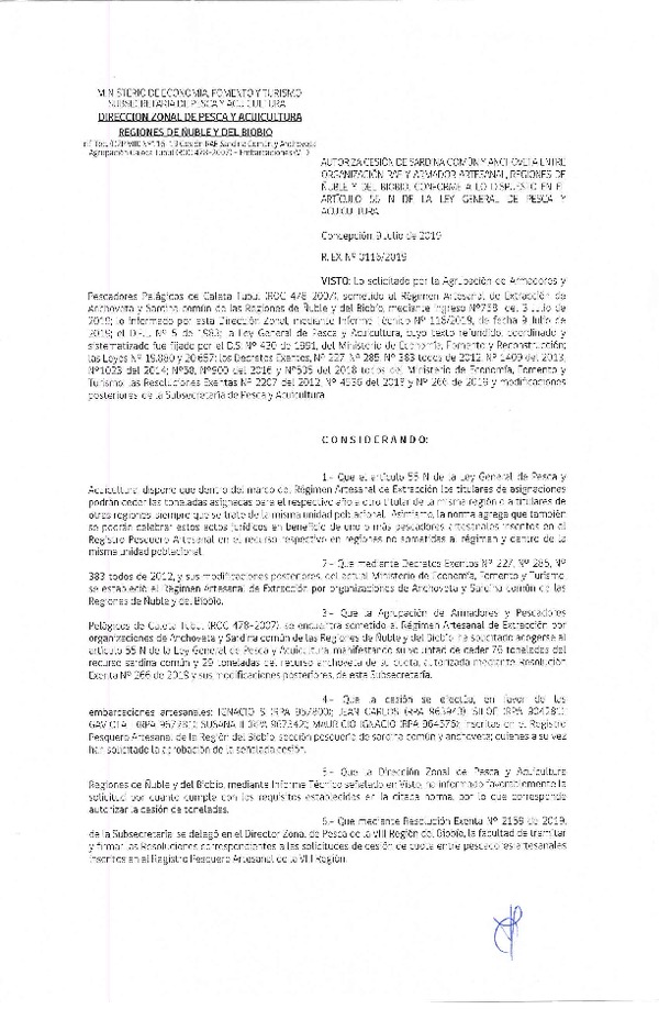 Res. Ex. N° 116-2019 (DZP VIII) Autoriza cesión Anchoveta y sardina común Regiones de Ñuble y del Biobío.